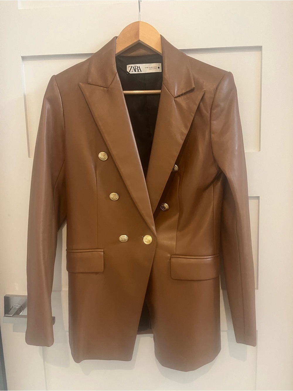 Zara Tan Faux Leather Double-Breasted Blazer with Gold Buttons